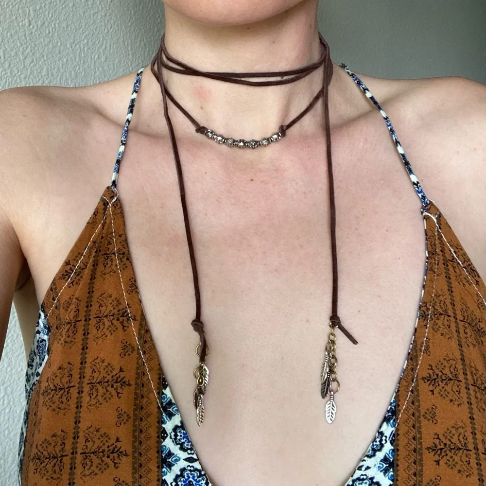 Boho Multi-Strand Suede Wrap Necklace with Silver Beads - Picture 4 of 5
